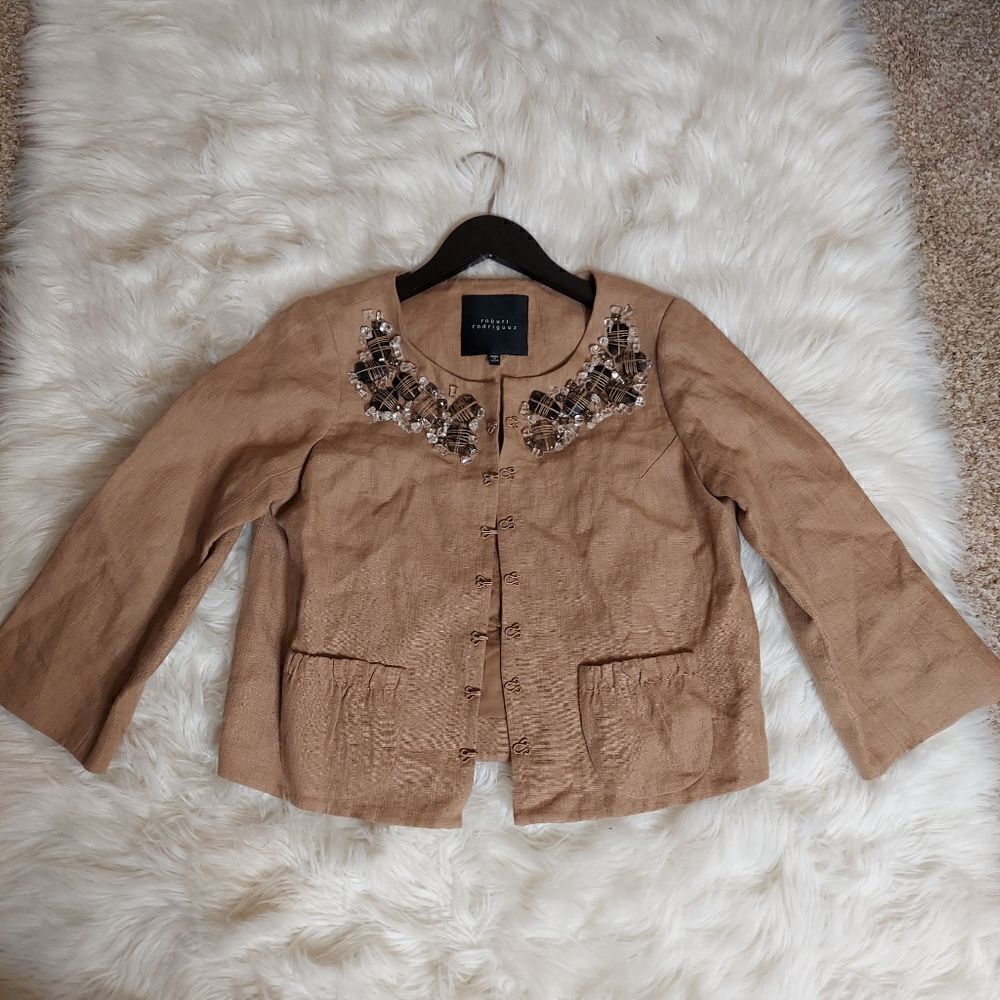 Robert Rodriguez cropped 100%‎ Linen embellished granny core blazer sz 6